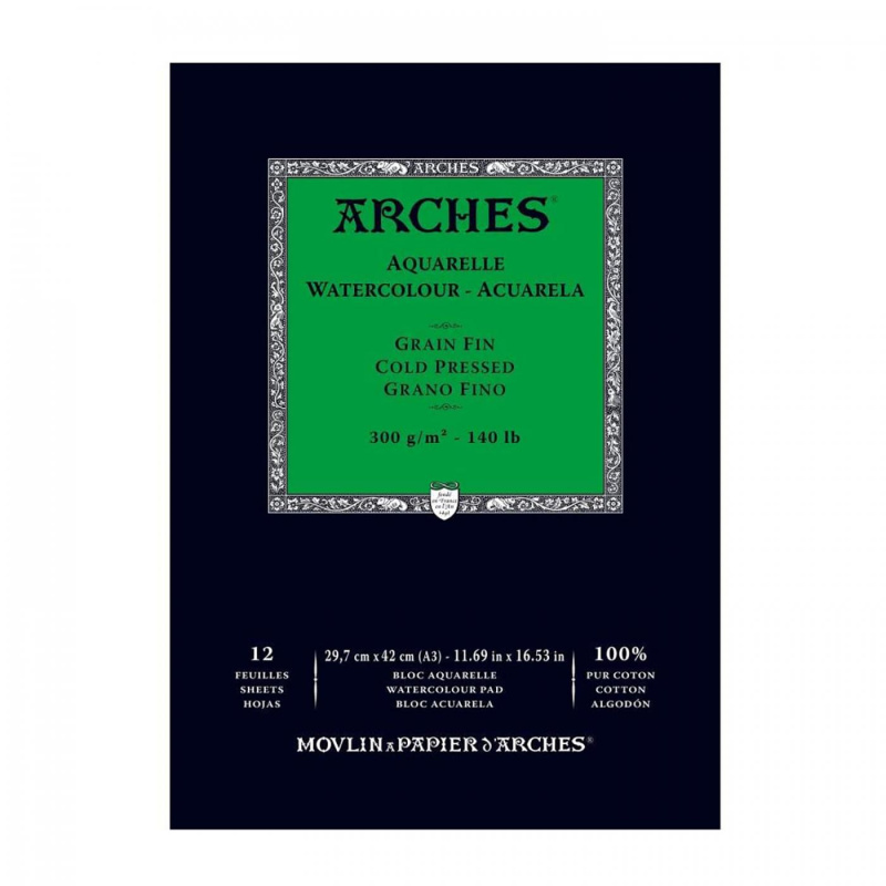 Arches skicák na akvarel CP, jemný, 29,7 x 42 cm, 300g, 12 listů