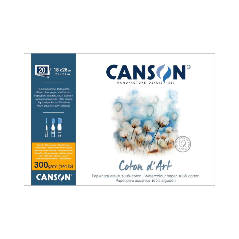 CANSON Skicák Coton dArt akvarelový blok CP 300 g, 18 x 26 cm, 20 listů  
