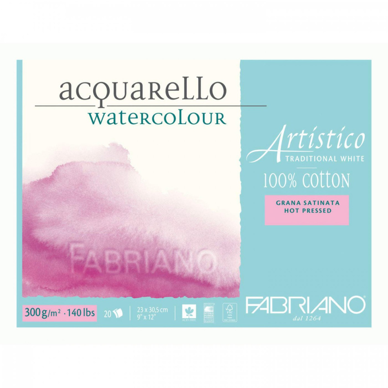 Fabriano Artistico Hot press, 100% bavlna, tradiční bílá, 23 x 30,5 cm, 300 g, 20 listů