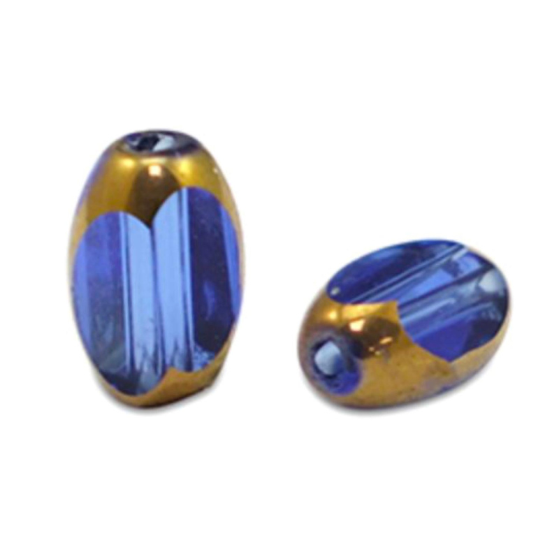 Oválný skleněný korálek, 5 x 7 mm, 10 ks průhledná royal modro-zlatá 