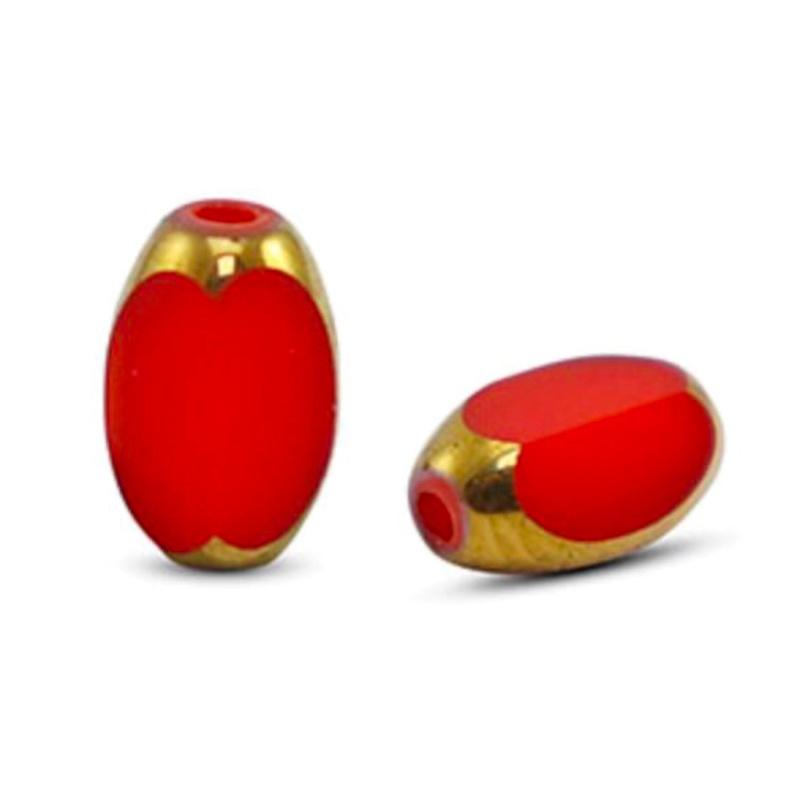 Oválný skleněný korálek, 6 x 2,5 mm, 10 ks, červeno-zlatý