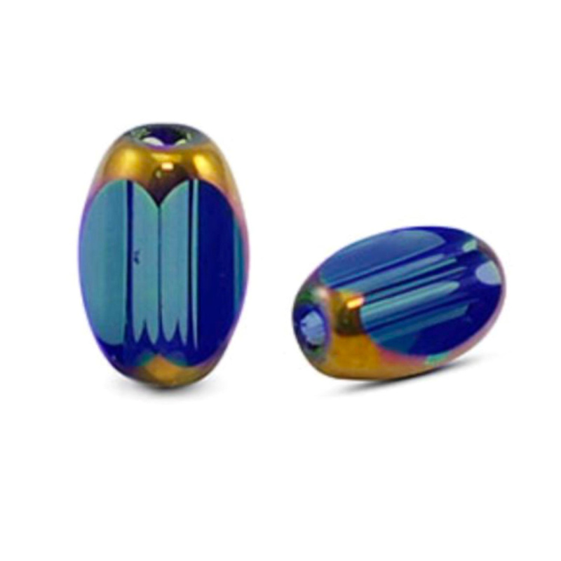 Oválný skleněný korálek 6 x 2,5 mm, 10 ks, průhledný royal modro-zlatý 
