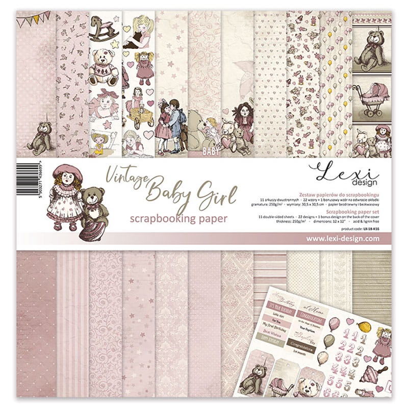 Papír na scrapbooking, sada Vintage Baby Girl, 12 ks