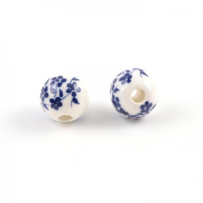 Porcelánová korálek, 10 mm, modré květy