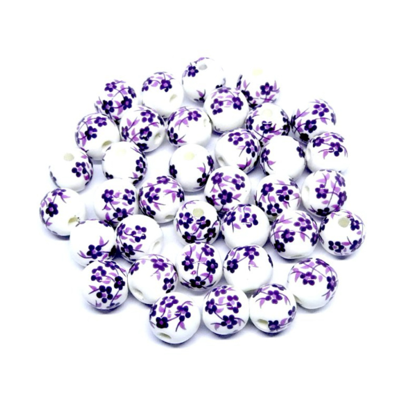 Porcelánová korálek, 8 mm, fialové květiny