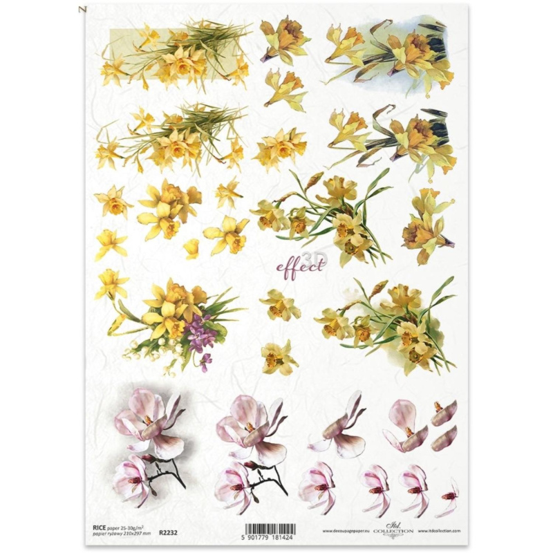 Rýžový papír na decoupage, A4, 3D květiny, narcisy a magnolie