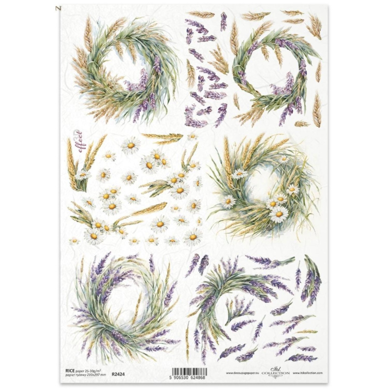 Rýžový papír na decoupage, A4, motiv levandulový věnec