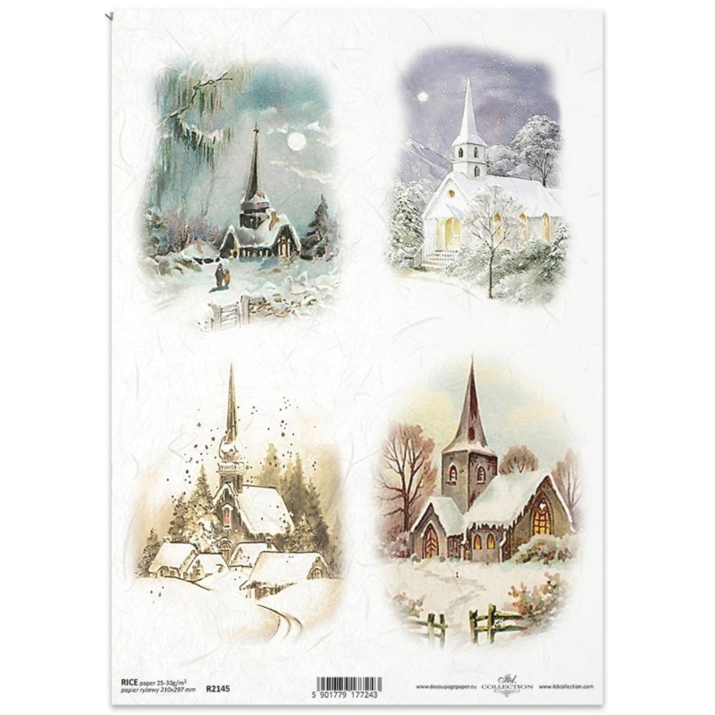 Rýžový papír na decoupage, A4, zimní kostely 2
