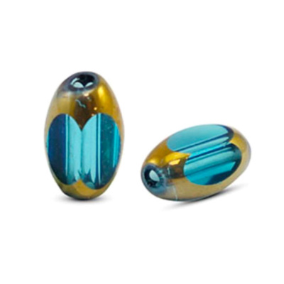 Oválný skleněný korálek, 6 x 2,5 mm, 10 ks, průhledný modro-zlatý 