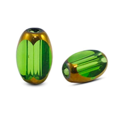 Oválný skleněný korálek, 6 x 2,5 mm, 10 ks, průhledný zeleno-zlatý 