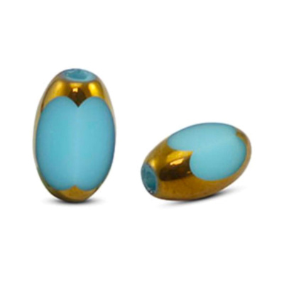 Oválný skleněný korálek 7 x 4 mm, 10 ks, modro-zlatý 