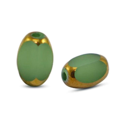 Oválný skleněný korálek, 7 x 4 mm, 10 ks , zeleno-zlatý 