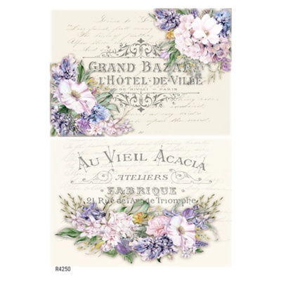 Rýžový papír, A4, vintage nápis s květinami