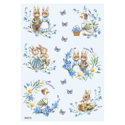 Rýžový papír, A4, králičí rodinka na modrém pozadí