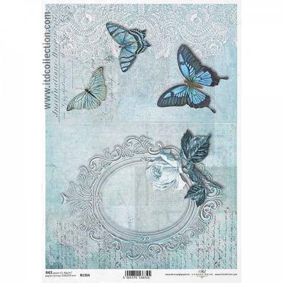 Rýžový papír na decoupage, A4, rám motýl modrá