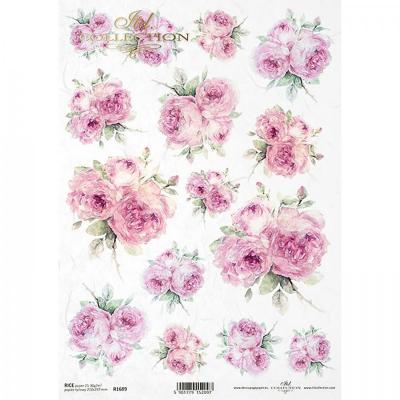 Rýžový papír na decoupage, A4, růžové květy