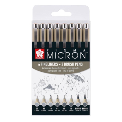 SAKURA Pigma Micron fineliner, sada 6 ks + 2 ks, světle studená šedá a studená šedá 