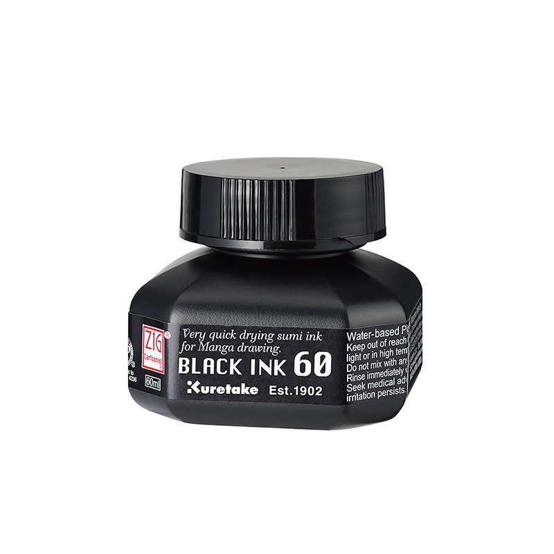 Kuretake ZIG black ink je černý inkoust vytvořeným smícháním výrazných černých pigmentů v syntetické pryskyřici. Lehce se nanáší dámským pír