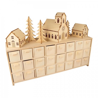 Dřevěný adventní kalendář, vesnice