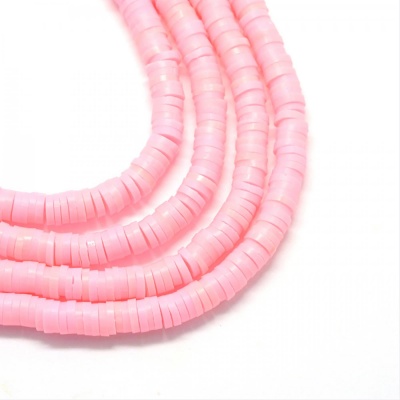 Polymerové korálky, placky, 4 mm, šňůra, pink