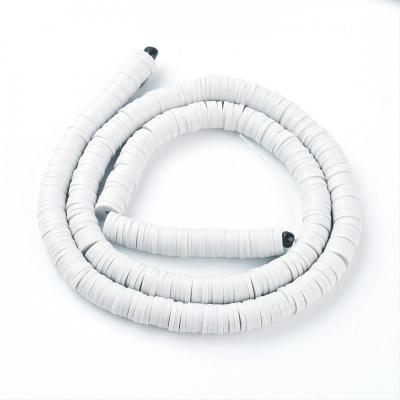 Polymerové korálky, placky, 6 mm, šňůra, bílé