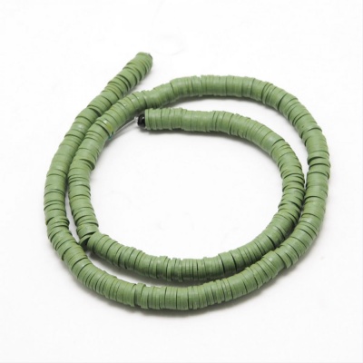 Polymerové korálky, placky, 6 mm, šňůra, olivová