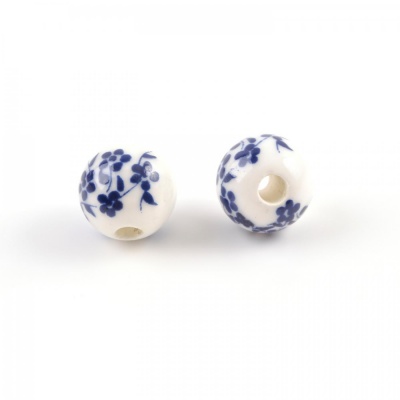 Porcelánová korálek, 10 mm, modré květy