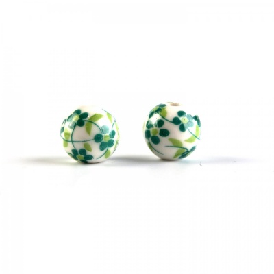 Porcelánová korálek, 10 mm, zelené květy