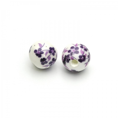 Porcelánová korálek, 12 mm, fialové květy