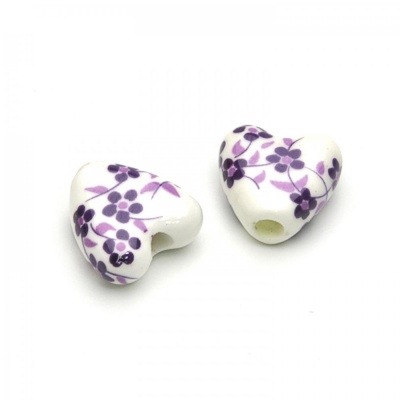 Porcelánová korálek srdce, 15 mm, fialové květy