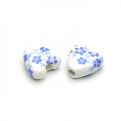 Porcelánová korálek srdce, 15 mm, modré květy