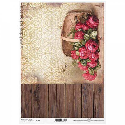 Rýžový papír na decoupage, A4, košík s růžemi