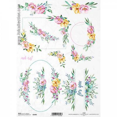 Rýžový papír na decoupage, A4, květiny a rámy