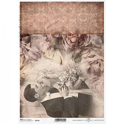 Rýžový papír na decoupage, A4, retro svatba sépie