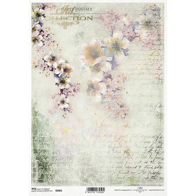 Rýžový papír na decoupage, A4, růžové květiny a písmo