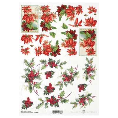 Rýžový papír na decoupage, A4, vánoční červené květiny