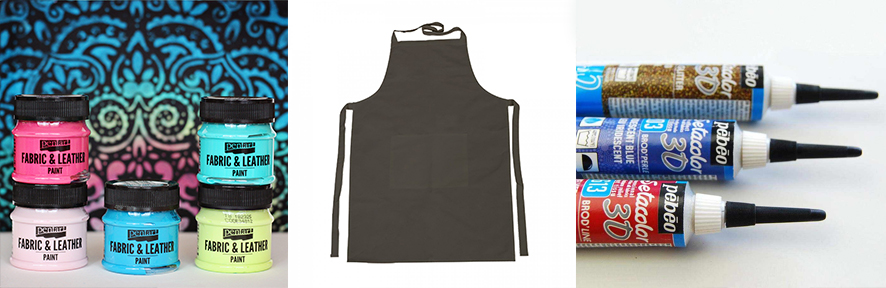 Tři obrázky s produkty použitými na malování na textil. Na obrázku je černá zástěra, barvy na textil Fabric and Leather značky Pentart a kontury na textil Setacolor 3D značky Pébéo.