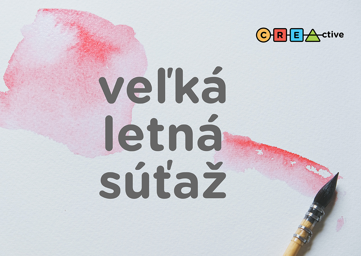 velká letní soutěž v creActive s akvarelovou tužkou a červenou skvrnou na pozadí. V pravém horním rohu je logo creActive.