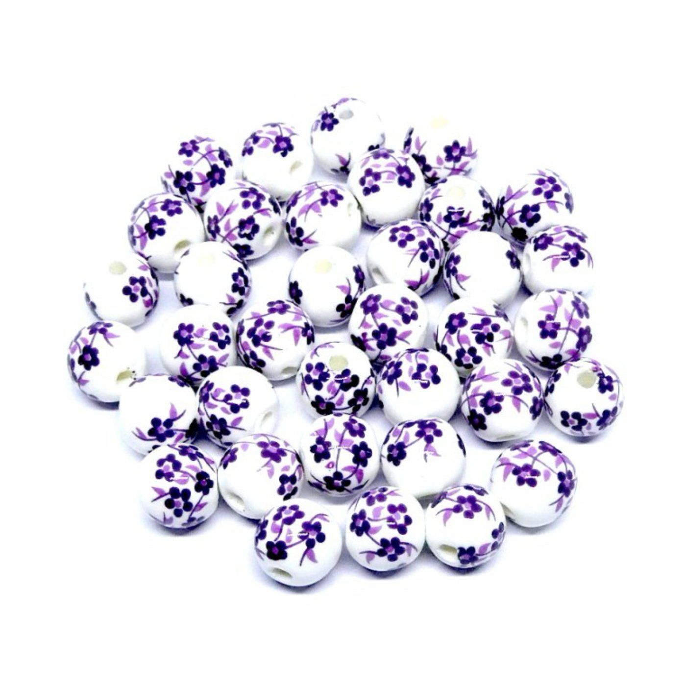 Porcelánová korálek, 8 mm, fialové květiny