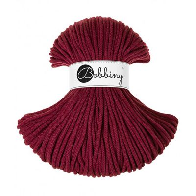 Bobbiny, Macramé pletená šňůra, 5 mm, 100 m, vínově červená