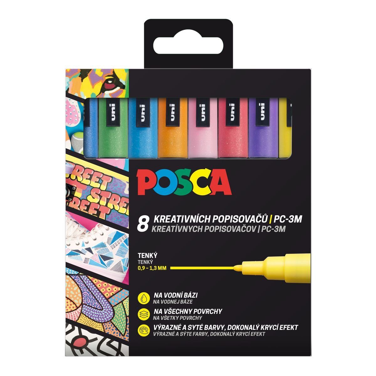 Uni POSCA, PC-3M, 1,3 mm, sada 8 fixů, GLITTER