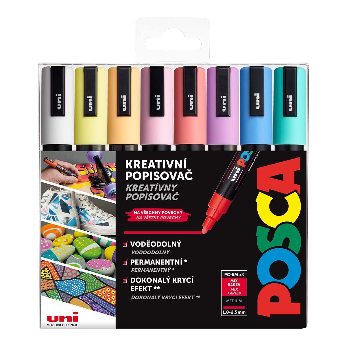 Uni POSCA, PC-5M, 2,5 mm, sada 8 fixů, PASTEL