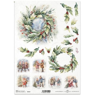 Rýžový papír na decoupage, A4, vánoční věnec a děti