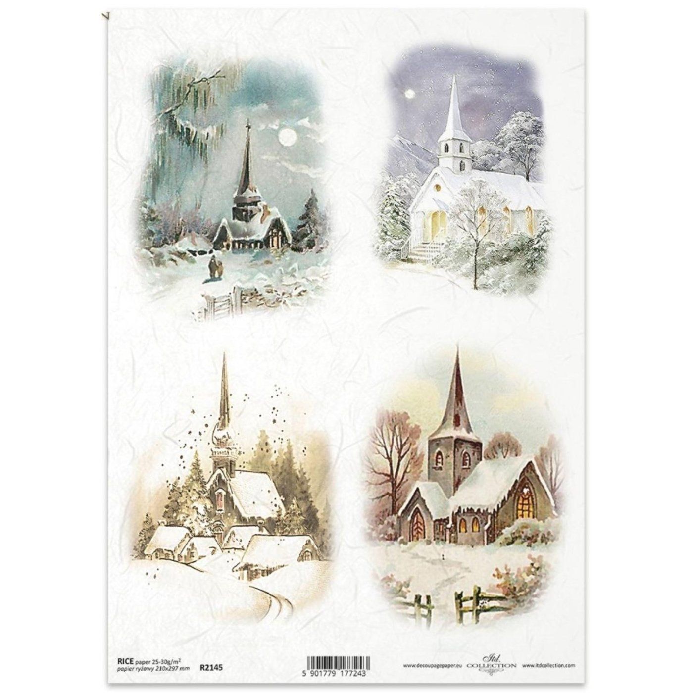 Rýžový papír na decoupage, A4, zimní kostely 2