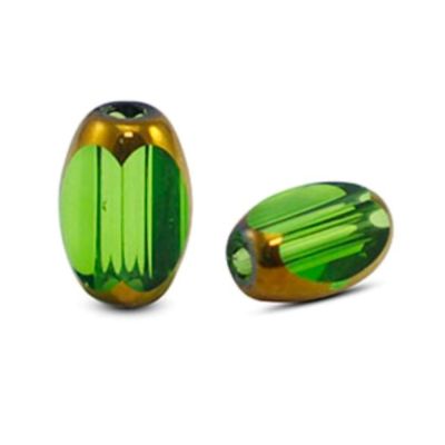 Oválný skleněný korálek, 6 x 2,5 mm, 10 ks, průhledný zeleno-zlatý