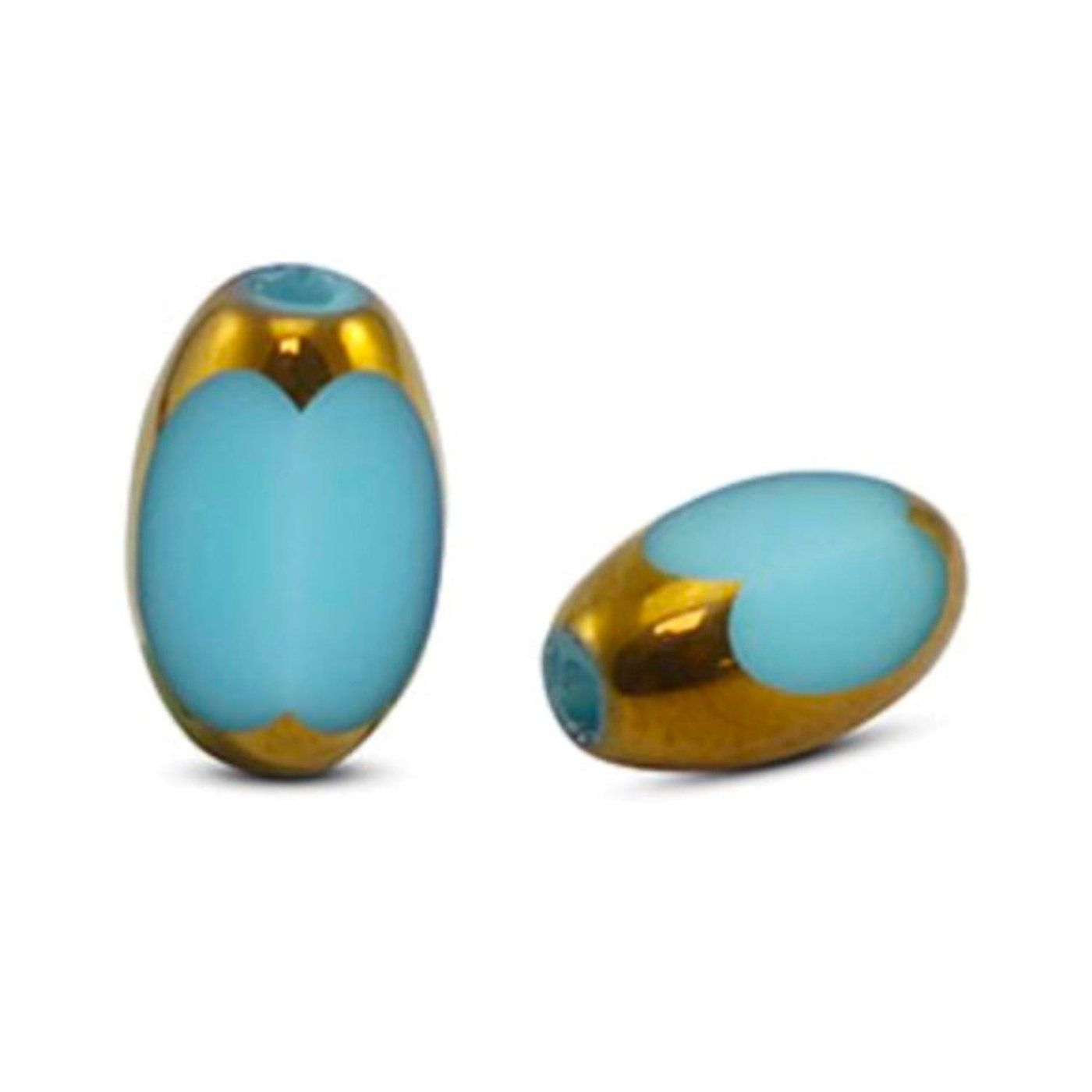Oválný skleněný korálek 7 x 4 mm, 10 ks, modro-zlatý